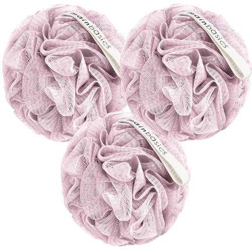 MainBasics Shower Loofah Sponge Pouf, Set of 3, Perfectly Pink | Soft Mesh Body Scrubber and Bath Sponge for Gentle Exfoliation, Rich Lather, and Everyday Shower Use - style: Perfectly Pink