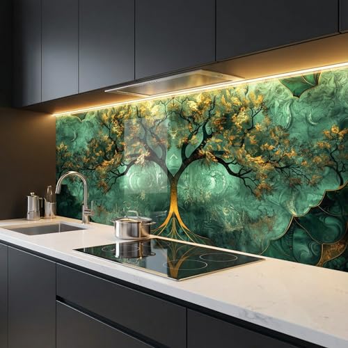 Bold Grup Tempered Glass Kitchen Backsplash, Stove Back Cover, Range Protector, Splash Guard for Sink, Emerald Tree of Life Wall Art Decor, Cutting Board - size: 25.5''W x 12''H