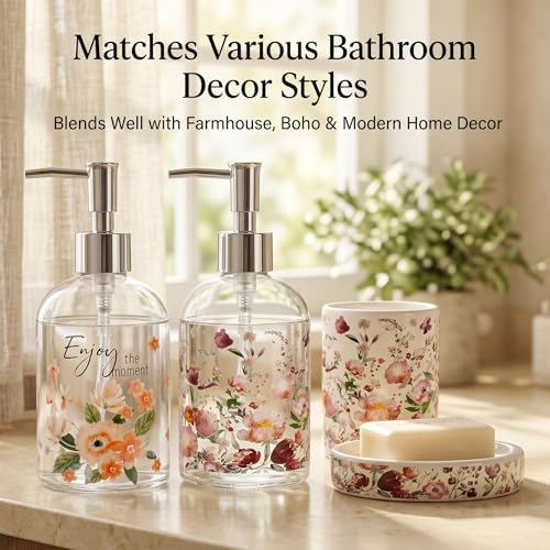 Topadorn Floral Glass Soap Dispenser Set of 2, 17oz Refillable Hand & Dish Soap Pump Bottles for Kitchen, Bathroom Counter Decor, Farmhouse Accessories - color: Pink Floral