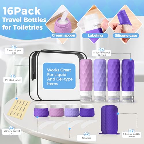 16Pack Travel Bottles for Toiletries, TSA Approved Travel Size Toiletries Containers Set, Silicone Leak Proof Refillable Bottles Elastic Sleeves Creams Jars Accessories Kit W/Clear Bag (Purple) - color: Purple