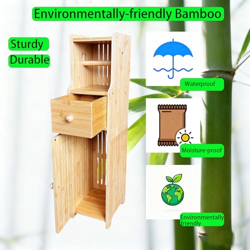 Bamboo Free Standing Toilet Paper Holder with Storage Drawer & Shelf, Slim Narrow Cabinet for Small Bathroom, Wipes Storage(Natural)