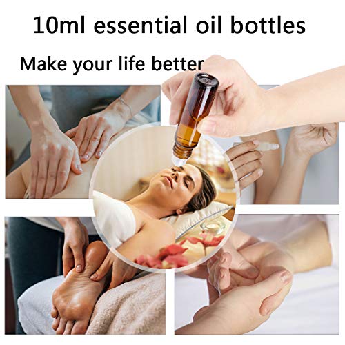 6Pcs 10ml Essential Oil Roller Bottles, with Stainless Steel Roller Balls, 10ml Amber Glass Roll on Bottles for Essential Oils, 1 Extra Roller Ball, 6 Labels, 1 Openers, 2 Droppers Included - color: Brown