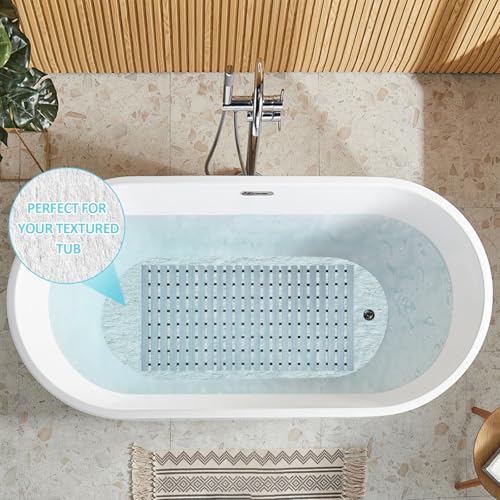 Grey Weighted Non Slip Bathtub Mat Without Suction Cups,Textured TPE Bath Mat for Textured Tub & Shower Surfaces,Doesn't Float, Works on Tile and Stone(33.8”x 17”)