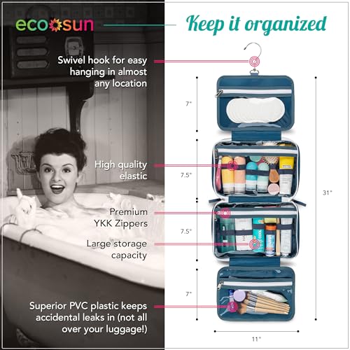 Eco Sun Hanging Travel Toiletry Bag — Designed in Hawaii — Water-Resistant Travel Organizer for Bathroom Accessories (Blue) - color: Blue