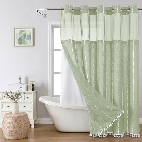 eachope Sage Green Farmhouse No Hook Shower Curtain Set with Snap-in Fabric Liner,Boho Heavy-Duty Linen Textured Rustic Striped Design,Water-Repellent with Tassels and Sheer Window,71x74 - color: Sage Green, size: 71"W x 74"L (Pack of 1)