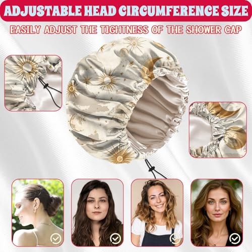 Luxury Shower Cap Satin Lined Reusable Waterproof Double Layer Elastic Adjustable Hair Bath Cap Cute Aesthetic Women Girls-Sun - color: F10-Sun