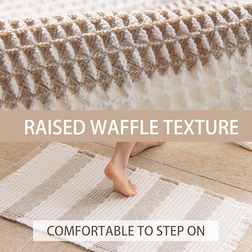 Waffle Bath Mat Non Slip, Boho Bathroom Rug, Super Absorbent Quick Dry Bathroom Mat, Soft Farmhouse Bath Rug with Tassels, Small Washable Shower Mats for Floor 20"x32", White and Taupe - color: Taupe and White, size: 1'8" x 2'8" (Rectangular)