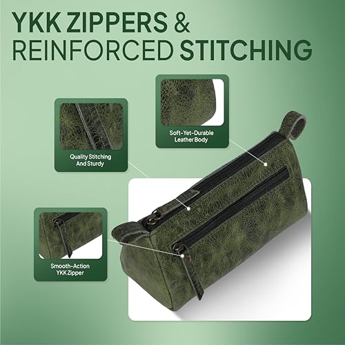 Leather Makeup Bag for Women – Genuine Leather Cosmetic Bag Travel, Handmade Zippered Makeup Pouch, Small Toiletry Bag, Shaving Kit & Stationery Organizer- Forest Green - color: Green