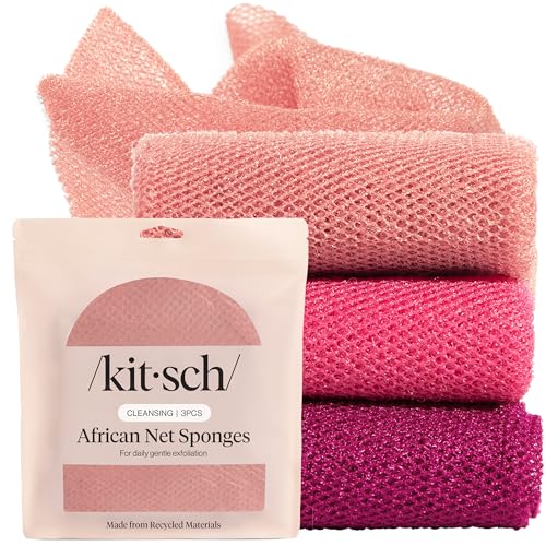 Kitsch African Net Sponge – Exfoliating Body Scrubber for Cleansing & Gentle Daily Exfoliation – Stretchable Bath Sponge for Hard-to-Reach Areas, Long-Lasting Shower Essential - Berry Pink, 3 Pcs - color: Berry Pink