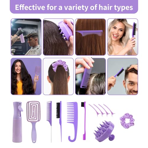 12 pcs Hair Brush Set,Detangler Brush with Hair Spray Bottle Scalp massager for Wet Dry Curly Hair, Bristle Hair Brush Hair Comb for Women Girl,Hair Styling Tools (Purple)
