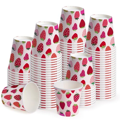 WRAPAHOLIC 3oz Paper Cups - 100 Pack Disposable Bathroom Cups with Strawberry Fruits Design, Small Mouthwash Cup for Toothbrush Rinse, Home Bathroom, Picnic, BBQ, Travel and Party - color: Pink & Red Strawberry
