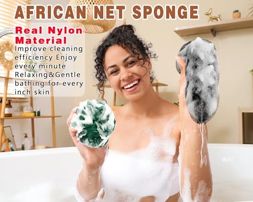 2 Pack African Net Sponge Exfoliating Body Scrubber Bath Sponge for Daily Use (Black+Dark Green) - color: Black+dark Green
