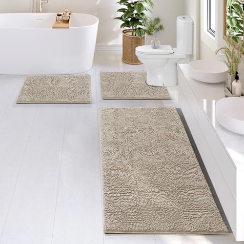 Hearth & Harbor Bathroom Rugs, Chenille Bath Mat - Machine Washable Bath Mats for Bathroom Non-Slip Backing Rubber, Quick Dry Mat - Beige Bath Rug, 17x24-26x44-20x24 - color: Beige, style: 17x24 / 26x44 / 20x24