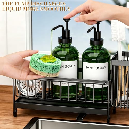 Kitchen Soap Dispenser Set with Sponge Holder and Towel Rack, 17OZ Glass Bottle, Hand and Dish Soap Dispenser Set, Non-Slip Silicone Pad, Brush Holder, Kitchen Sink Caddy Organizer Countertop (Green) - color: Green