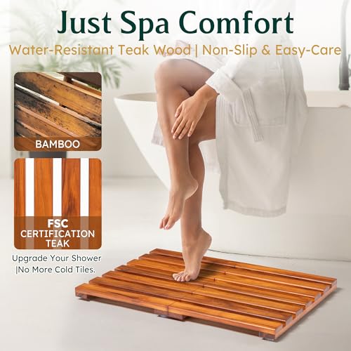 Premium Teak Shower Mat - 21" x 14" Non-Slip Wooden Bath Mat for Bathroom Floor, Fast-Drying Spa-Style Solid Wood Duckboard, Indoor & Outdoor Use - size: 21" x 14" (Rectangular)