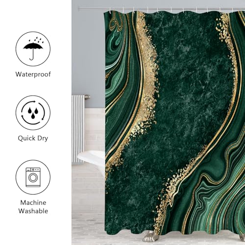 Gibelle 4 Pcs Luxury Marble Shower Curtain Set with Non-Slip Rugs, Toilet Lid Cover and Bath Mat, Gold Foil Emerald Green Bathroom Decor Set with Shower Curtain and Rugs and Accessories - color: Emerald Green