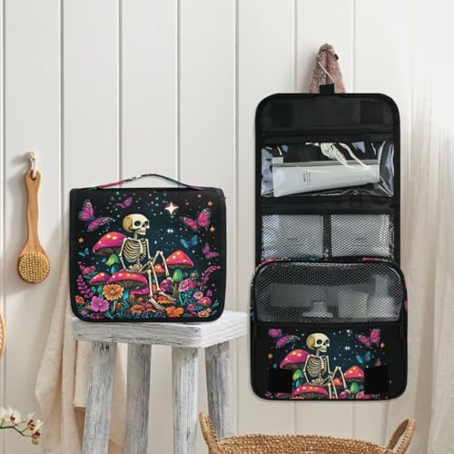MNSRUU Hanging Toiletry Bag Skeleton Sitting on Mushrooms with Butterflies Travel Makeup bag for Toiletries Portable Travel Toiletry Organizer Cosmetic Bags with Hanging Hook - color: Skeleton A14152
