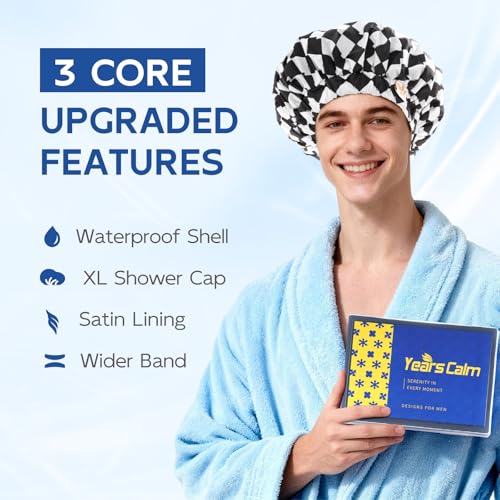 Years calm Shower Cap for Men Waterproof Reusable - Fashion Dual-Layer Design, Adjustable Elastic Band for Long & Curly Hair, XL Bath & Spa Cap for Travel, Satin Lined Shower Cap Black - color: French Black and White