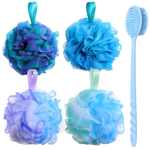 Qinyoung 4 Pcs Loofah Sponge with Soft Silicone Back Scrubber for Shower 15'' Long Handle Body Brush Exfoliating Bath Sponge for Women Men, Body Scrub, Shower Pouf Bath Accessories Soap, Blue
