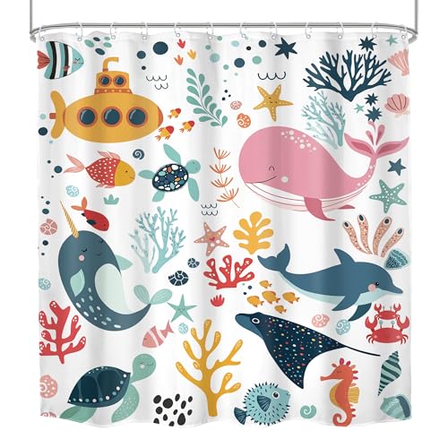 Kids Shower Curtain Ocean Cute Cartoon Whale Funny Kid Bathroom Set Underwater Coastal Submarine Fish Animal Nursery Baby Boys Girls Children 72Wx72H Bath Curtain Fabric Polyester 12 Pack Hooks - color: A 01ocean, size: 72"W x 72"L (Pack of 1)
