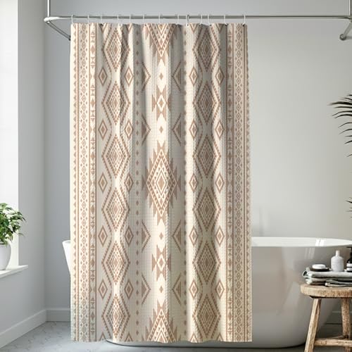 HunnmingRe Western Shower Curtain Waffle Southwest Aztec Geometric Stripes Fabric Shower Curtain Set with Hooks for Bathroom 72 x 72 Inches Farmhouse Boho Bath Curtains(Beige) - color: Beige