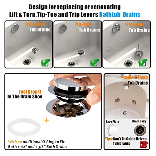 Artiwell Chrome Universal Bathtub Drain Conversion Kit - Easy Installation Tub Drain Replacement Trim with 1-Hole Overflow Face Plate and Pop-Up Tub Stopper, Chrome Plated - color: Chrome Plated