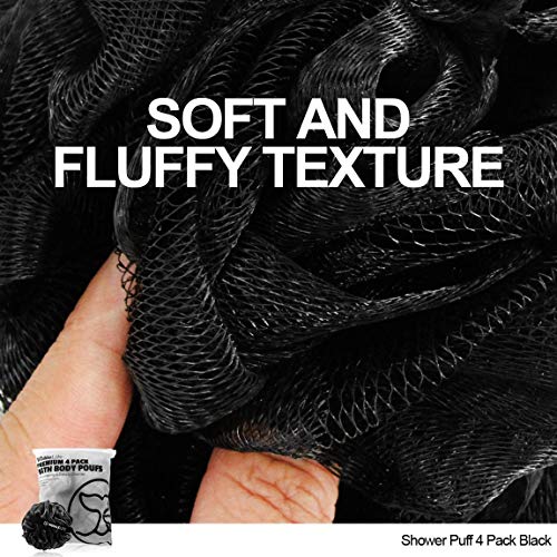 WhaleLife Loofah Bath Sponges - Black Gentle Exfoliating Shower Loofah for Rich Lather, Durable Mesh Body Scrubber for Men & Women 4 Pack - style: Modern; Minimalist; Matte; Solid Black