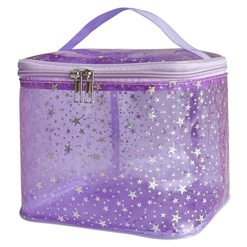 Holographic Star Print Pink Makeup Bag - Portable & Waterproof Barrel-Shaped Toiletry Bag, 8.27x6.7x6.3in Cosmetic Case for Women & Men (Purple Star) - color: Purple Star