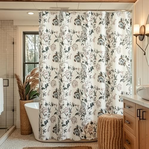 Vintage Floral Linen Shower Curtain - Neutrall Traditional Floral Branches Print Patternl in Sage and Brown ,Botanical Boho Shower Curtain Set for Rustic Farmhouse Country Bathroom Decor 72x72 Inch - color: Indian Flower Branches