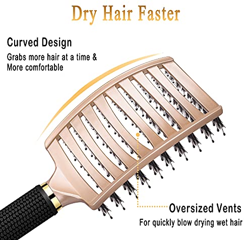 KTKUDY Detangling Brush Getting Knots Out without Pain - Boar Bristles Hairbrush Make Hair Shiny & Healthier Vented Detangler Brush for Women Men Kids Wet and Dry Hair - color: Gold-Black handle