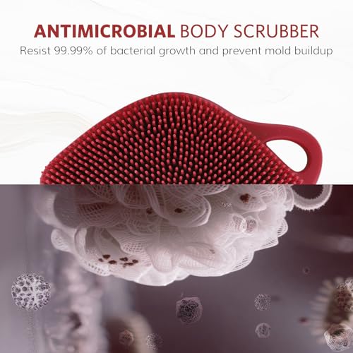 Sndyi Silicone Body Scrubber, Gentle Exfoliating Body Scrubber for Sensitive Skin, Leaf Shaped Shower Scrubber for Body with Lathering Bristles, Silicone Loofah Body Brush for Showering, Red - color: Red