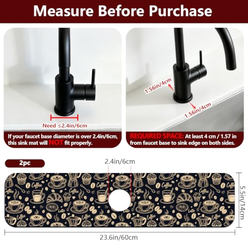 2 Pcs Kitchen Sink Splash Guard Faucet Mat Coffee Element Pattern Faucet Mat for Sinks Coffee Text Absorbing Drying Mats for Kitchen Bathroom, 23.6x5.5inch - color: Coffee Element Pattern