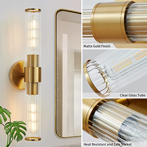 Hardwired Bathroom Light Fixtures, Gold Wall Sconce in Threaded Glass Indoor Wall Sconces, Modern Bathroom Vanity Light Up and Down Sconces Wall Lighting for Living Room, Bulb Not Included - color: Gold-B