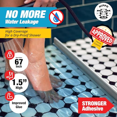 Shower Threshold Water Dam Barrier 67" - White Collapsible Shower Water Blocker - Shower Guard for Walk in Shower - Water Guard Stopper for Floor - Shower Dam - 1.5" Tall - By Hippo Dam - color: White, style: 67 In