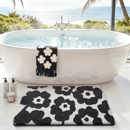 LUMI Bathroom Rugs Cute Floral Design, Soft Absorbent Microfiber Bath Mat Non-Slip, Machine Washable Quick Dry Luxury Rug Flower Black and White for Floor, Bathtub, Home Decor, 24"x36" - color: D-black Flower, size: 24"x36"
