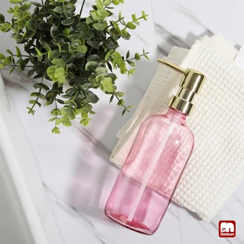 GMISUN Pink Soap Dispenser Bathroom, 1 Pack Glass Dish Soap Dispensers for Kitchen with Rustproof Plastic Gold Pump, 17 Fl Oz Bathroom Hand Soap Dispenser, Modern Liquid Dishwashing Dispensers Bottle - color: Pink Bottle + Golden Pump, size: 1 Pack