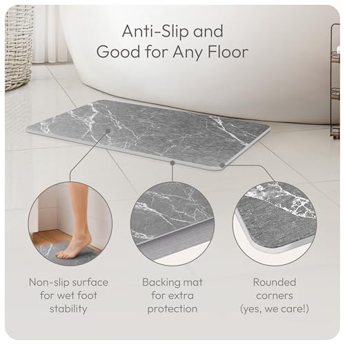 Stone Bath Mat Quick-Dry Absorbing Diatomaceous Earth Bath Mat | 2 Stone Mats - Large & Small Mat for Bathroom | Anti-Slip Diatomaceous Bathmat 100% Natural Bathroom Rug Stones (Gray Marble) - color: Gray Marble