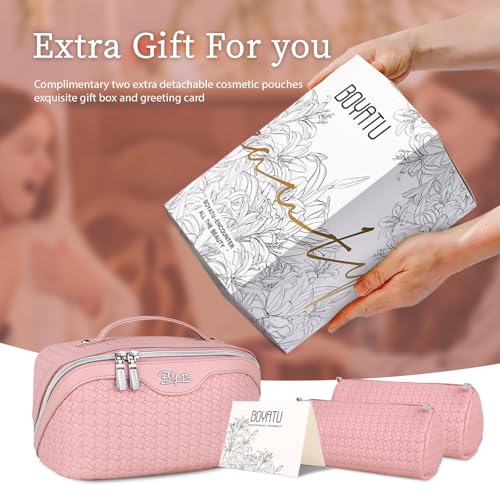 BOYATU Travel Makeup Bag Cosmetic Bags for Women: Large Capacity 3 Pcs Set Make up Bag with Compartments - Waterproof Vegan Leather Toiletry Organizer Bags with Handle (L39 Pink) - color: L39 Pink