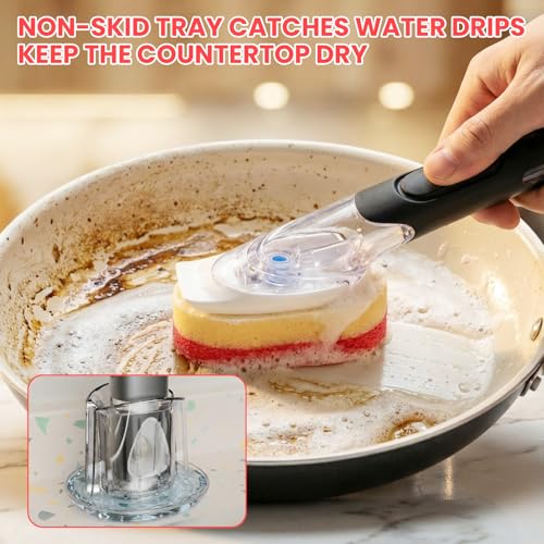 Soap Dispensing Replacement Dish Brush Storage Set with 10 PCS Sponge Refills & Holder - RIMAY Dispenser Scrub Cleaning Scrubber Kitchen Dishwashing Dish Wand Handle for Dishes/Pans/Pots/Sink(Pink) - color: Pink