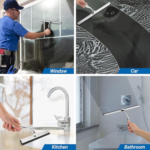 ecooe Silicone Shower Squeegee with Hanger, Shower Glass Cleaner Wiper, Black Window Squeegee Scraper with Stainless Steel Core for Home Bathroom Kitchen Car Glass Doors - size: 04-Siliver 12″/31cm