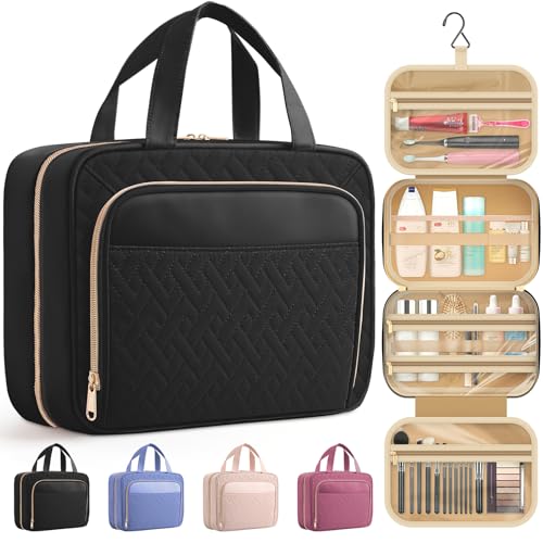 HOTOR Hanging Travel Toiletry Bag Women Men, Black, Large | Waterproof Makeup Bag Hanging Hook,Multiple Pockets,Travel Essentials,12.6 x 4.3 x 9.9inches - color: Black, size: Large