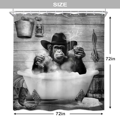 Newsely Funny Monkey Shower Curtain 72Wx72H Inch Western Cowboy Chimpanzee in Bathtub Black White Animal Wildlife Shower Curtain Bathroom Set Boys Men Waterproof Bath Decoration Accessories Home Decor - color: C-monkey, size: 72"W x 72"L (Pack of 1)