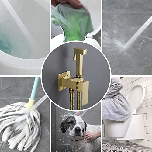 SHAMANDA Warm Water Bidet Sprayer for Toilet with Hot and Cold Brass Rough-in Valve, Stainless Steel Handheld Bidet Attachment Set for Feminine, Pets and Baby Diaper Wash, Brushed Gold, BDS08-3 - color: Brushed Gold, style: Hot & Cold Water Modes-Square