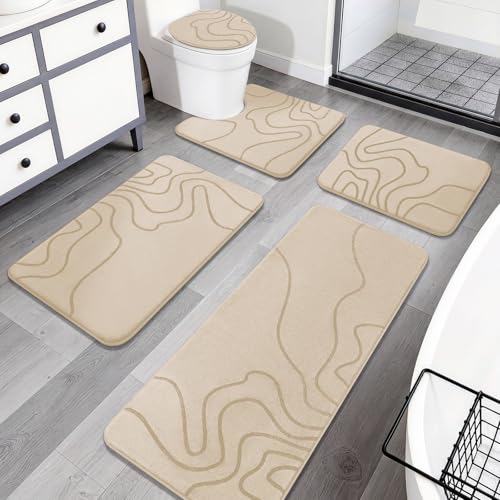 YIHOUSE Memory Foam Bathroom Rugs Sets 5 Piece - Extra Thick Ultra Soft Absorbent Bath Mat Set, Non-Slip Machine Washable Bath Rugs for Bathroom, Tub & Shower, Home Decor Accessories, Beige - color: Beige, size: 1'5" x 3'10" (5 pieces)