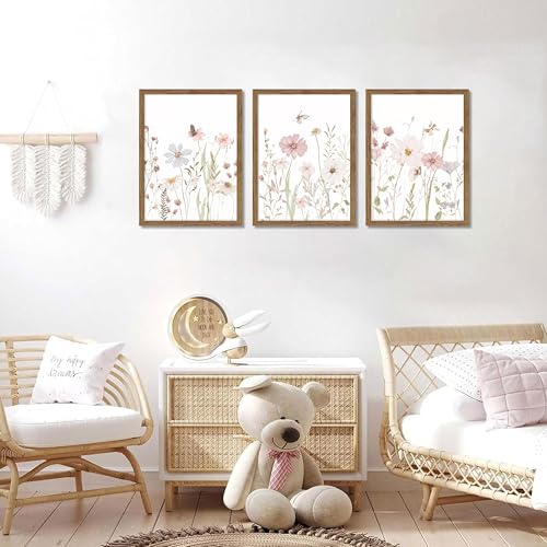 Framed Wildflower Wall Art Set of 3, Pink Floral Canvas Wall Decor Pictures, Vintage Flower Botanical Paintings, Nursery Flowers Butterfly Posters Prints for Bedroom Living Room 12x16 Inch - color: Pink Wildflower, size: 16"L x 12"W