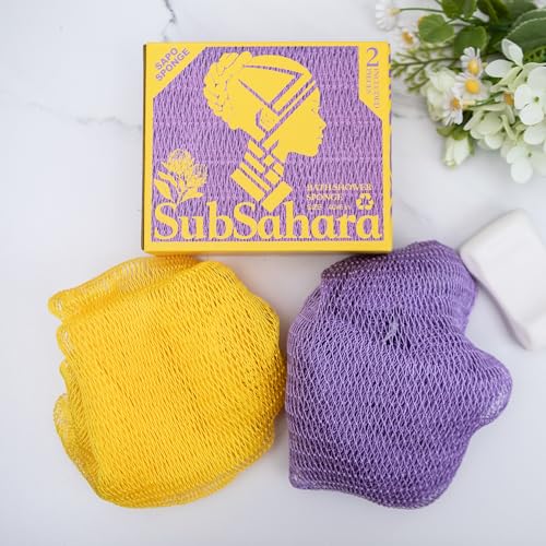 SubSahara Authentic African Net Sponge - 2 Pack Exfoliating Bath & Shower Loofah Sponge for Body & Face, Gentle Scrubber for All Skin Types, Travel, Durable (Lavender Purple & Bright Yellow) - color: Lavender Purple & Bright Yellow