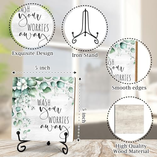 5" Bathroom Decor, Wash Your Worries Away Sign, Sage Green Bathroom Laundry Room Decor, Guest Bathroom Decoration, Farmhouse Home Toilet Bathroom Plaque Sign Table Shelf Decor-A05 - color: Wash Your Worries-05