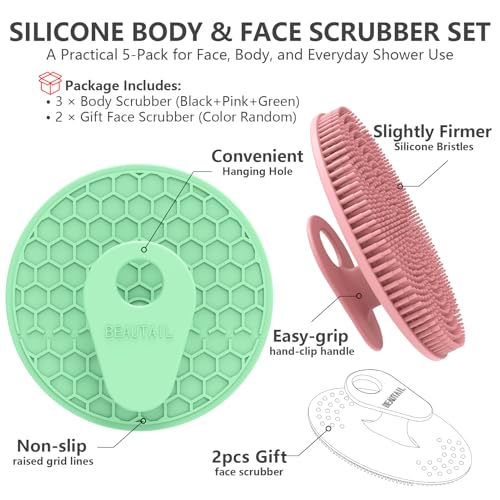 Silicone Body and Face Scrubber Set 5 Pack, BEAUTAIL Shower Bath Scrubber, Gentle Exfoliating Brush for Women Men Sensitive Skin, More Hygienic Than Traditional Loofah, Long Lasting, Black+Pink+Green - color: Black+pink+green