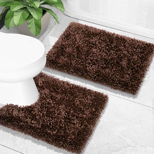 Yimobra Bathroom Rugs Sets 2 Piece, Soft Absorbent Bath Mat and U-Shaped Toilet Rug with Non Slip Backing, Luxury Shaggy Bath Mats for Bathroom, Machine Washable, 24"x17"+24"x20", Brown - color: Brown, size: 24x17 + 24x20 Inch