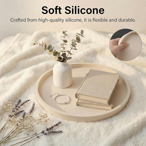 Round Beige Silicone Decorative Bathroom Vanity Tray 9 Inch, Counter Tray for Bathroom Countertop Perfume Holder Dresser Organizer Coffee Table Candle, Non-Slip Durable for Home Use - color: Beige, size: 9.1"